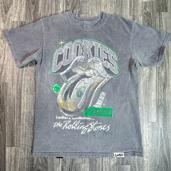 Cookies x Rolling Stones Tongue Logo Tee Gray Vintage Wash Medium Band Shirt - Picture 1 of 8